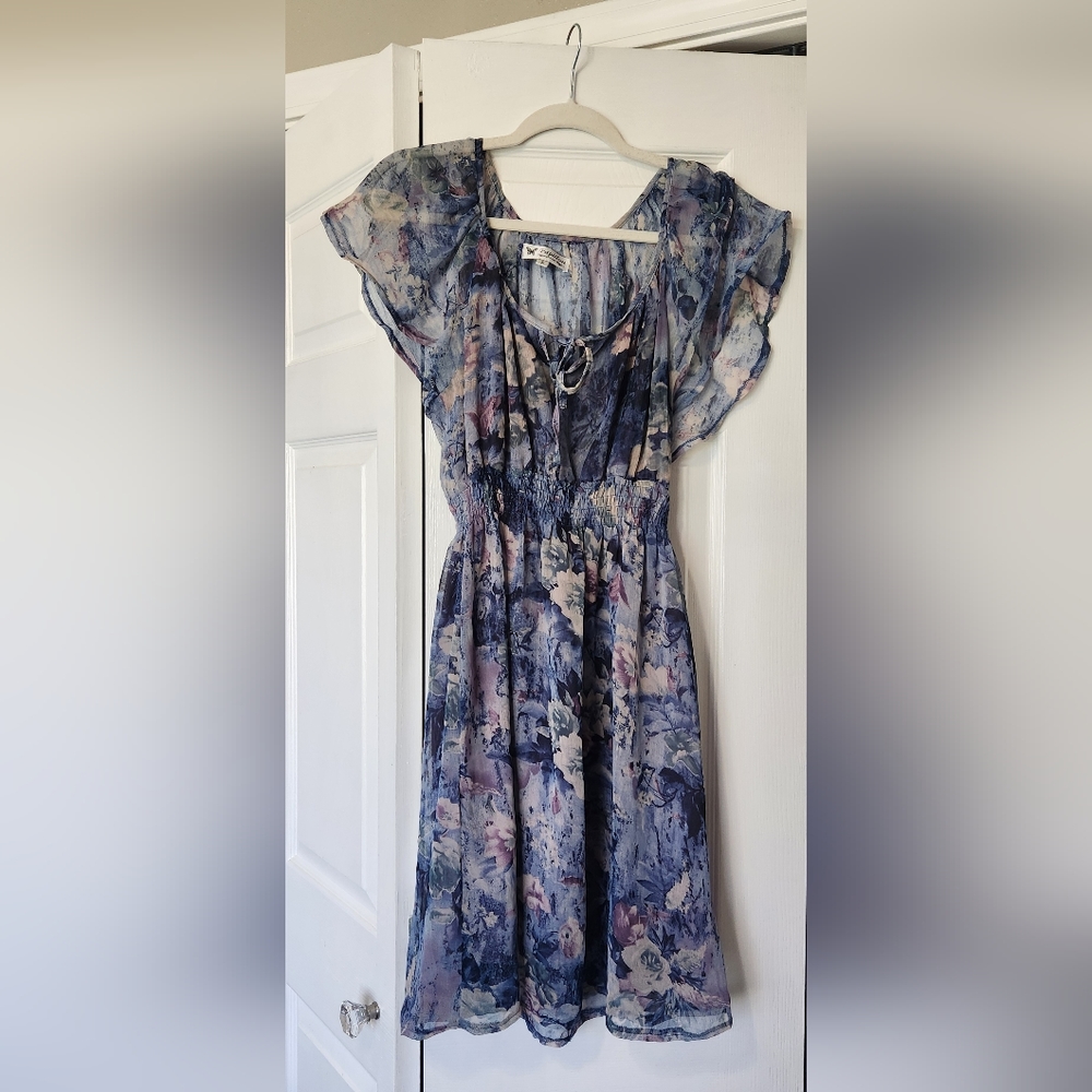 Papillon Vancouver Los Angeles Ruffle Cap Sleeve Blue Floral Midi Dress Sz Small